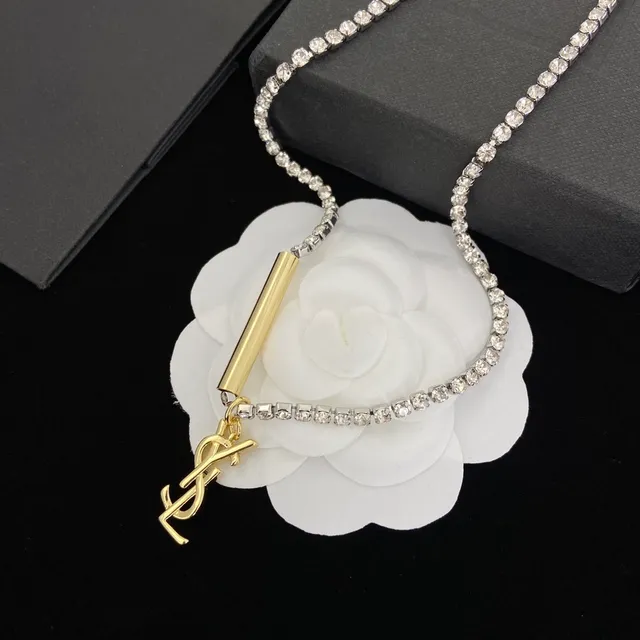 Saint Laurent Silver Gold Crystal-Encrusted Chain YSL Monogram Pendant Necklace