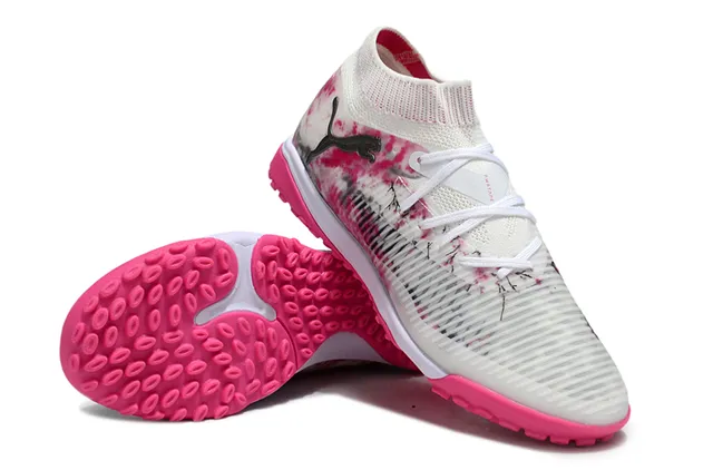 Puma White Pink Knit Sock-Fit Collar Tie-Dye Print Upper Turf Soccer Shoes