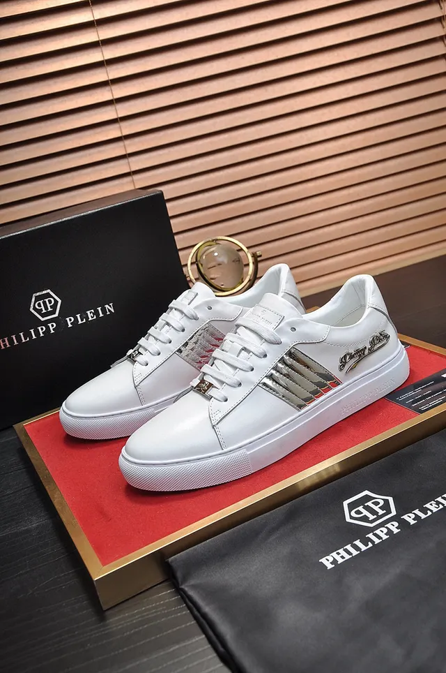 Philipp Plein White Silver Leather Upper Metallic Snakeskin Stripes Sneakers