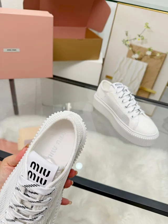 Miu Miu Platform Sneakers White Mesh Upper Ridged Sole Lifestyle Sneakers