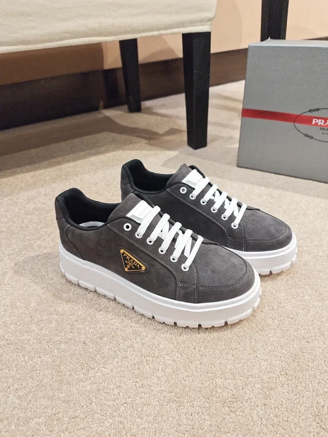 Prada Gray White Suede Upper Platform Sole Lifestyle Sneakers