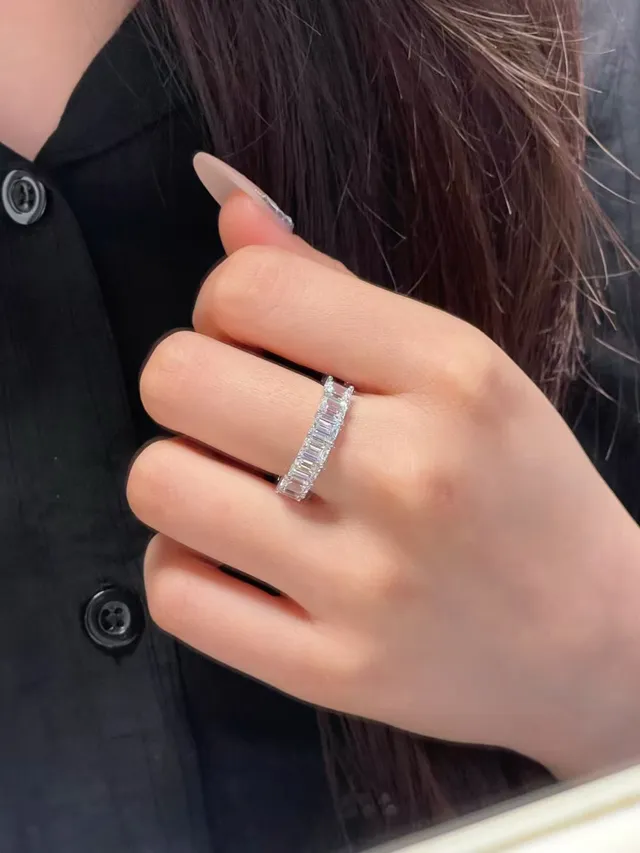 Tiffany & Co. Silver Navy Emerald-Cut Diamonds Shared-Prong Setting Ring