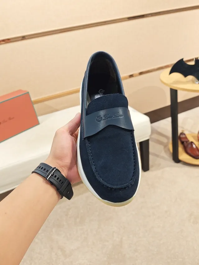 Navy White Suede Upper Leather Strap Detail Loafer