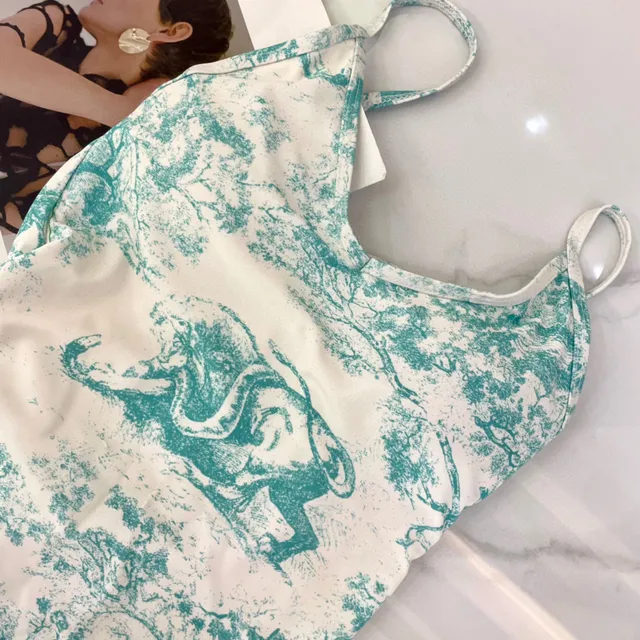 Dior Dioriviera White Blue Crisscross Back Straps Toile De Jouy Print Swimwear
