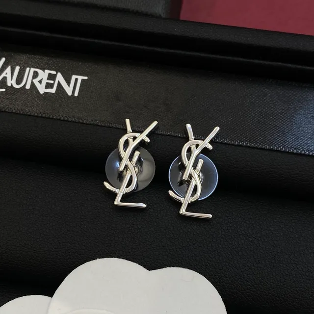 Saint Laurent Monogram Silver Gold Interlocking YSL Stud Style Earrings