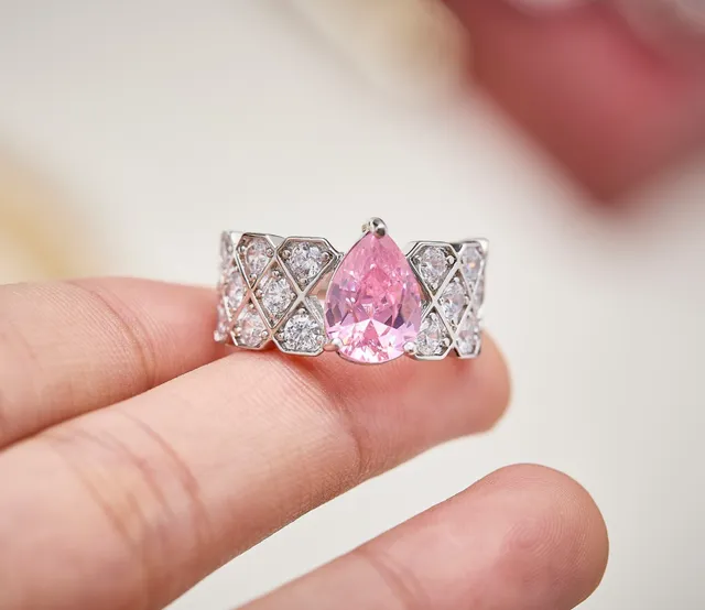 Pear-Cut Pink Gemstone and Diamond Lattice Ring