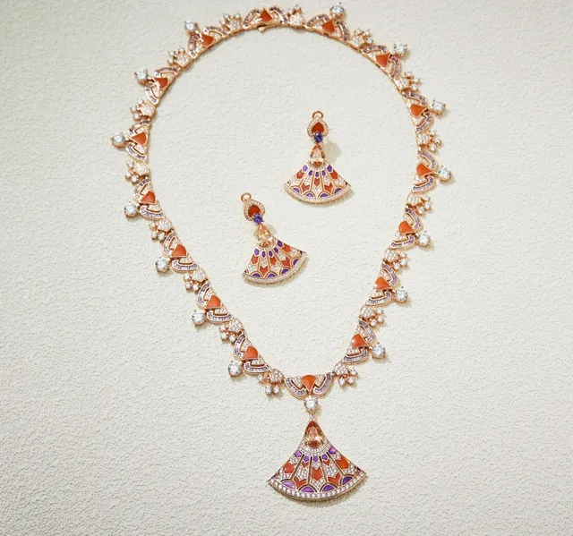 Fan-Shaped Enamel and Gemstone Drop Earrings