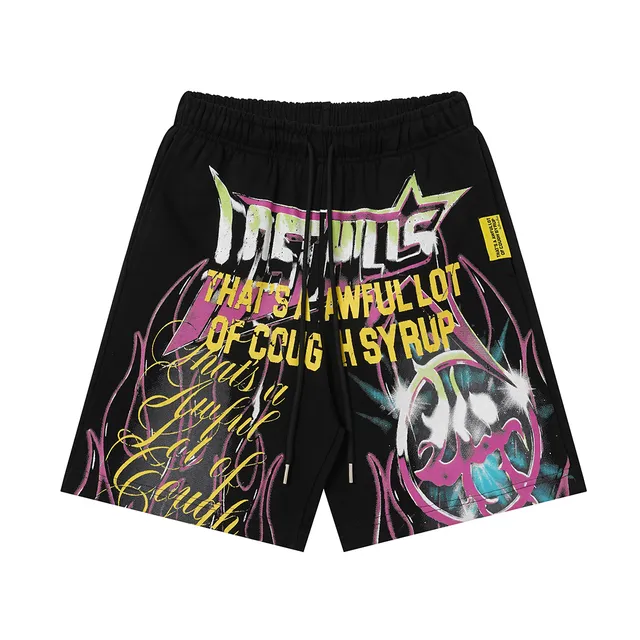 Black Graphic-Print Drawstring Waist Shorts