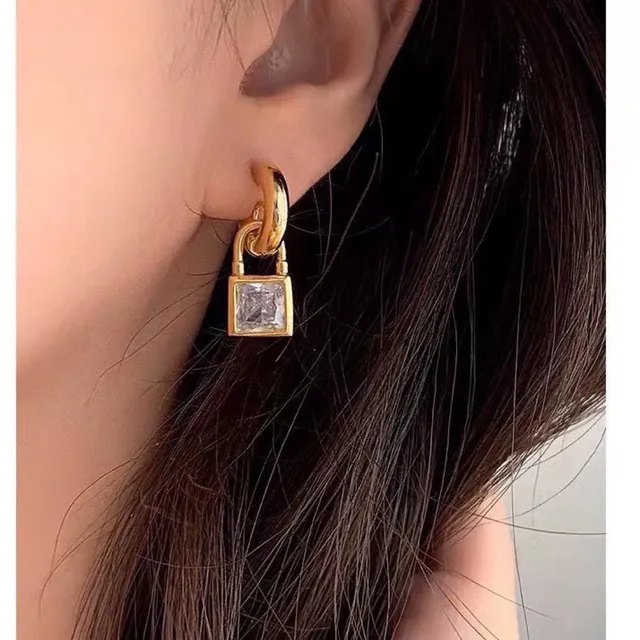 Celine Gold-Tone Lock-Shaped Square Crystal Earrings