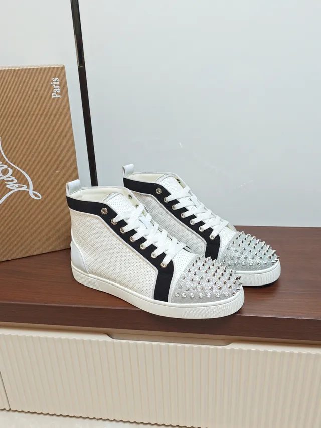 Christian Louboutin White Black High-Top Perforated Quilted Upper Lifestyle Sneakers