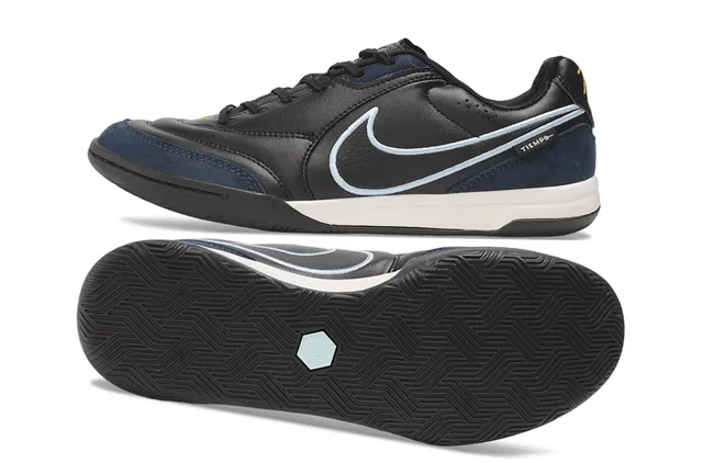 Nike Tiempo Black Navy Low-Top Leather-Suede Upper Indoor Soccer Shoes