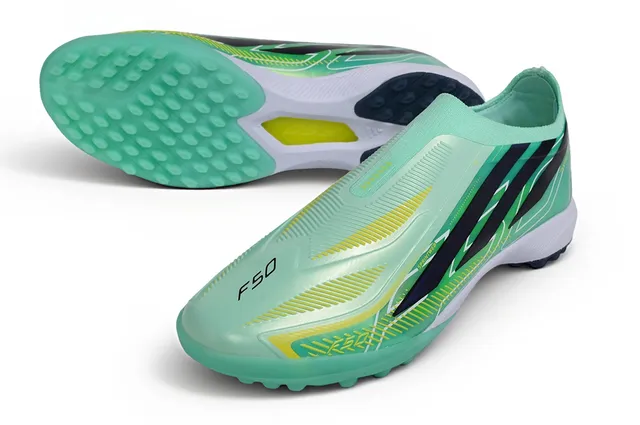 Adidas Green Blue Laceless Speed Collar Molded Studs Turf Soccer Shoes