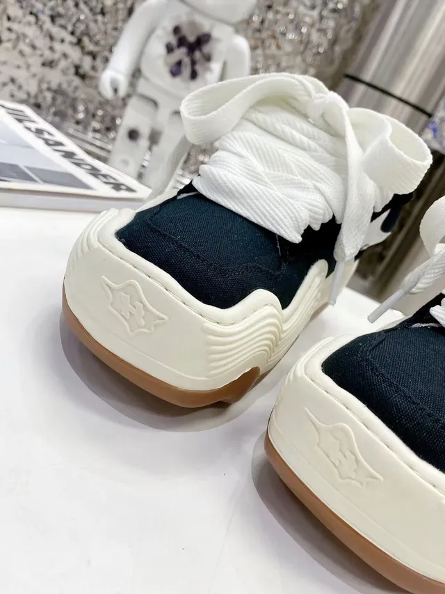 Jil Sander Black White Sculpted Wavy Midsole Canvas Upper Chunky Sneakers