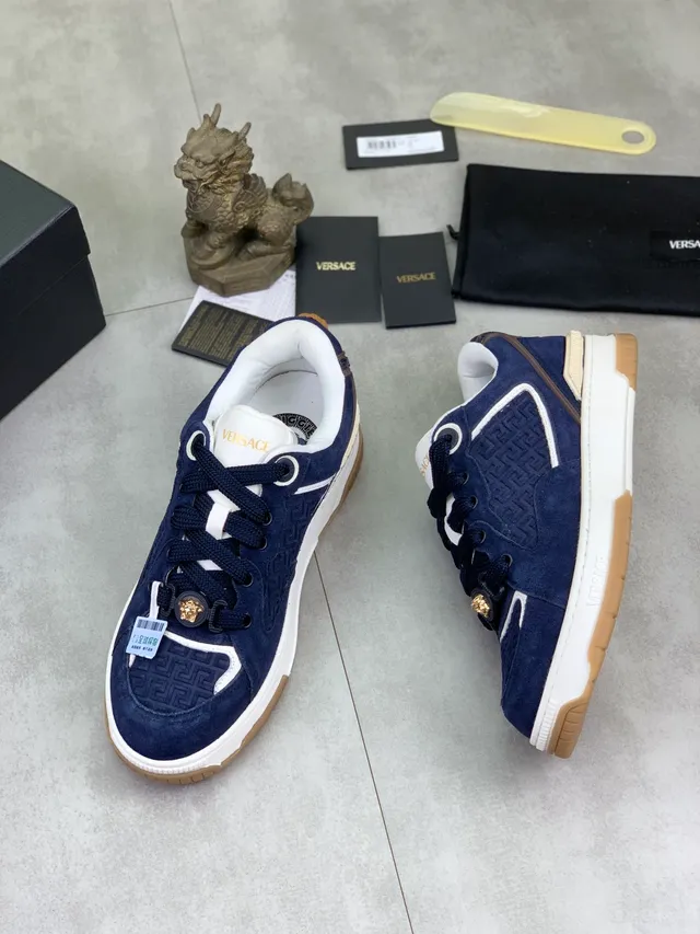 Versace Odissea Navy Suede Greca Pattern Chunky Sneakers