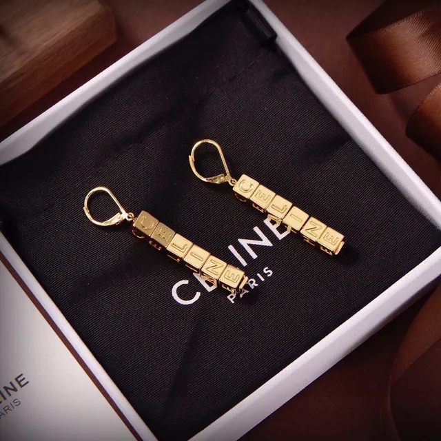 Celine Alphabet Cube Bead Gold Multicolor Lettering Lever-Back Hook Earrings