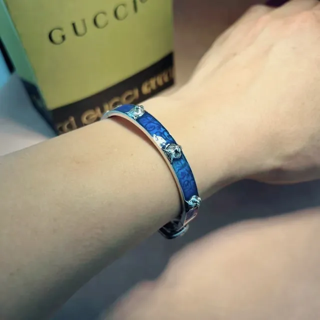 Gucci Tiger Motif Blue Enamel Filigree Bangle Bracelet