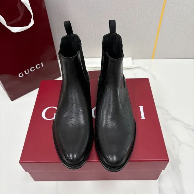 Gucci Black Brogue-Perforated Leather Chelsea Boots