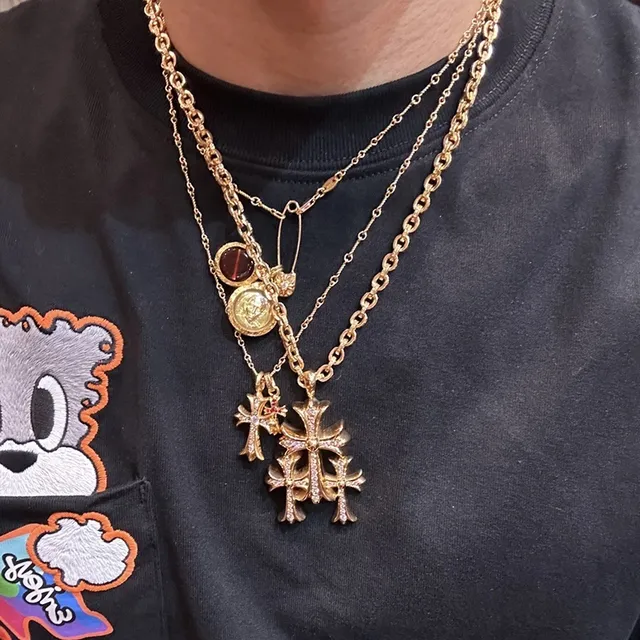 Chrome Hearts Triple Cross Pavé Gold Tone Necklace
