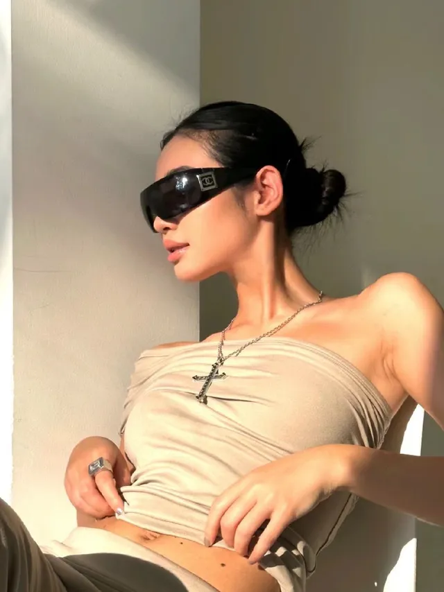 Beige Draped Off-Shoulder Crop Top and Wide-Leg Pants Set