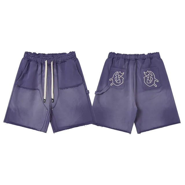 Purple Blue Elastic Waist Patch Pockets Shorts