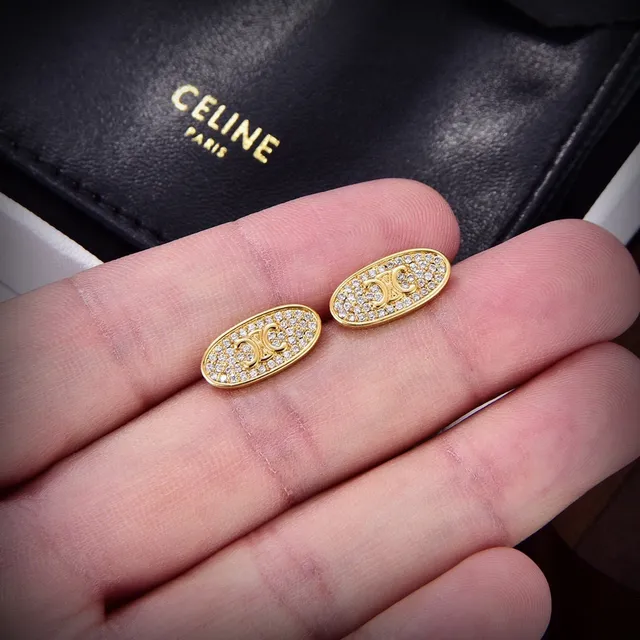 Celine Triomphe Oval Pavé Crystal Monogram Stud Earrings