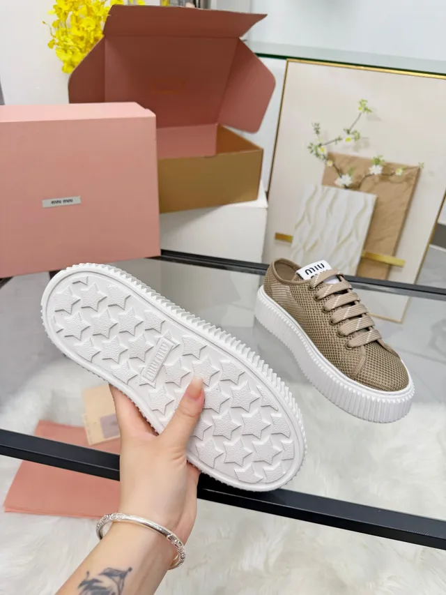 Miu Miu Platform Sneakers Beige White Mesh Upper Ridged Sole Lifestyle Sneakers
