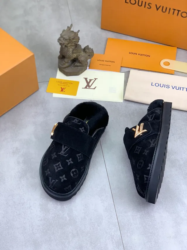 Louis Vuitton Monogram Suede Shearling-Lined Gold Buckle Loafer