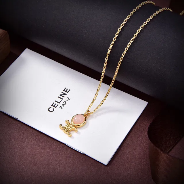 Celine Triomphe Gold-Tone and Pink Stone Necklace