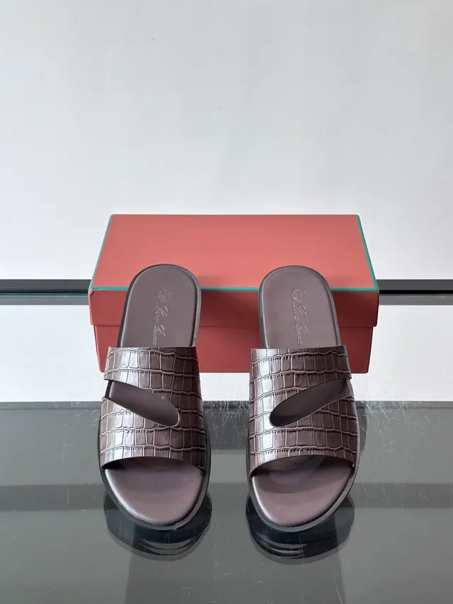 Loro Piana Croc-Embossed Two-Strap Slide Casual Sandals