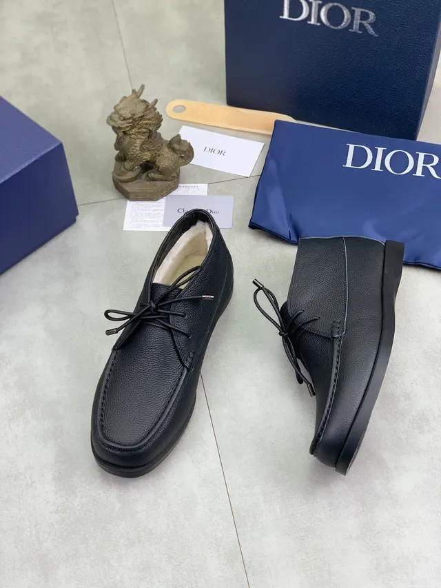 Dior Boat Shoe Black White Pebbled Leather Lace-Up Moccasin Boat Shoes