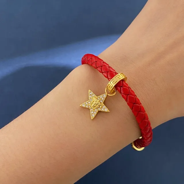 Versace Red Gold Braided Leather Metal Bracelet