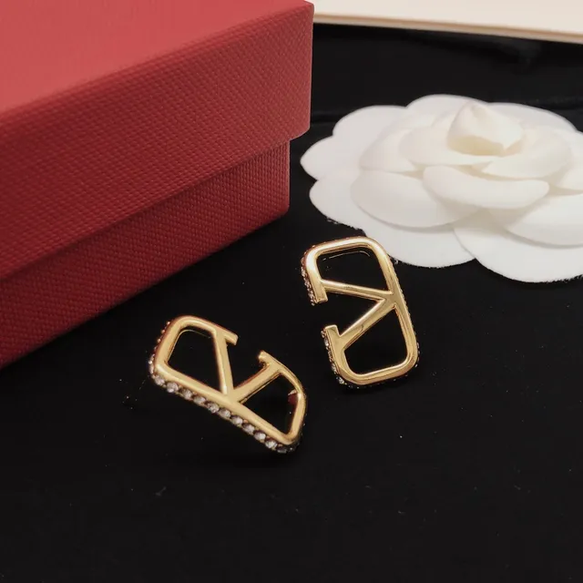 Valentino VLogo Gold Black Open-Frame Geometric Pavé-Edged Earrings