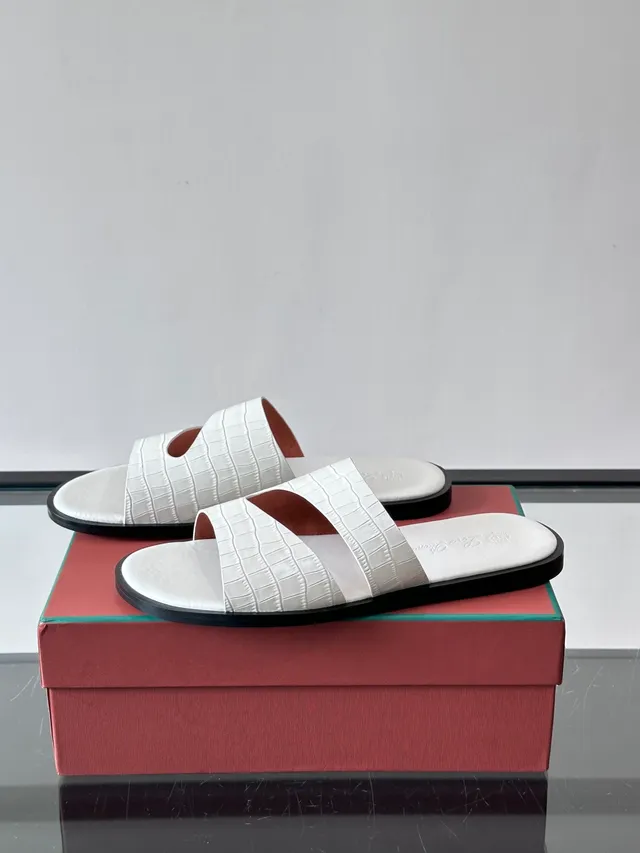 Loro Piana Croc-Embossed Two-Strap Slide Casual Sandals