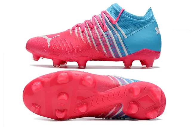 Puma Pink Blue Low-Cut Knit Upper Dynamic Formstrip Bands Firm-Ground Soccer Shoes