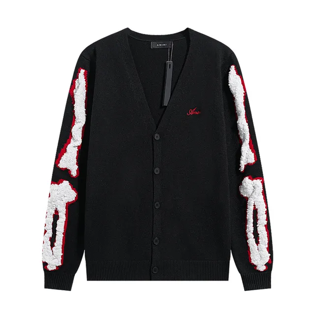 Amiri Bone Appliqué Black Beige V-Neck Button-Front Cardigan