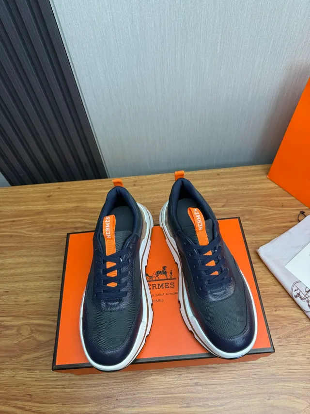 Hermès Navy Orange Chunky Sole Mesh And Pebbled Leather Upper Sneakers