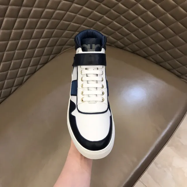 Salvatore Ferragamo White and Navy High-Top Strap Sneakers