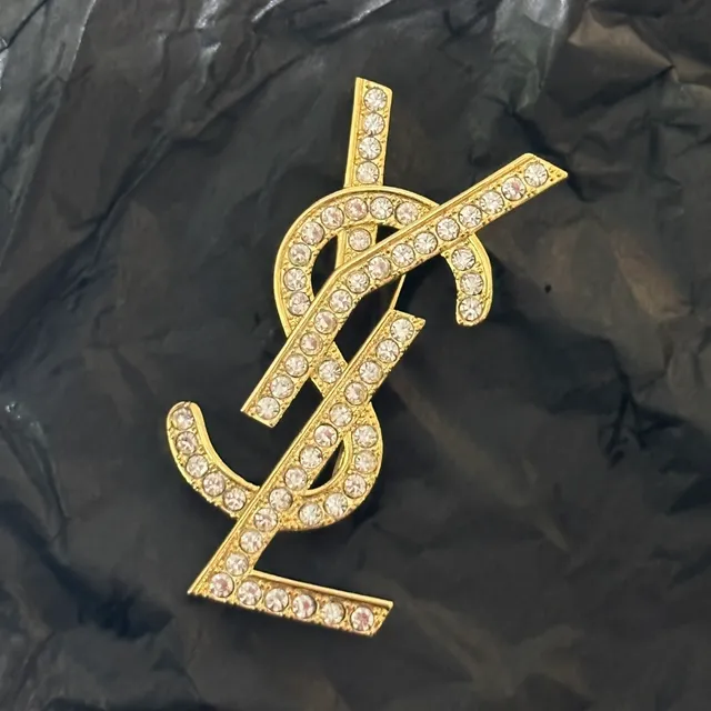 Saint Laurent YSL Monogram Crystal-Embellished Gold-Tone Brooch