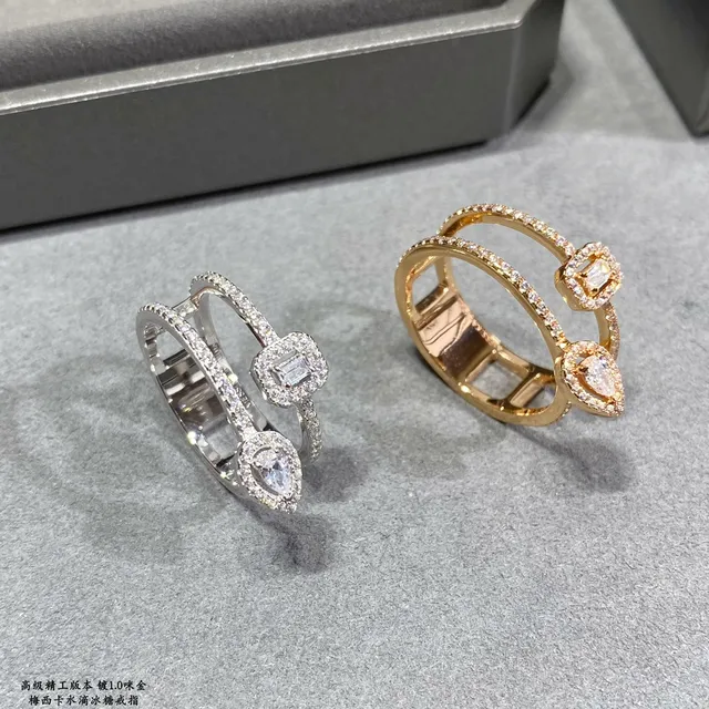 Double-Band Pavé-Set Teardrop and Emerald-Cut Stone Ring