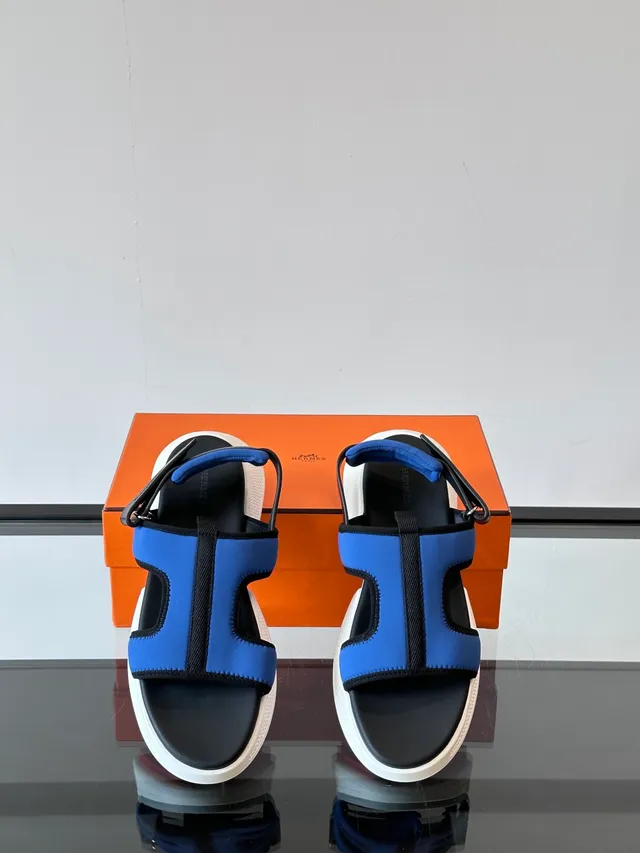 Hermès Oran Black Blue Chunky Platform Sole Multi-Strap T-Bar Design Casual Sandals