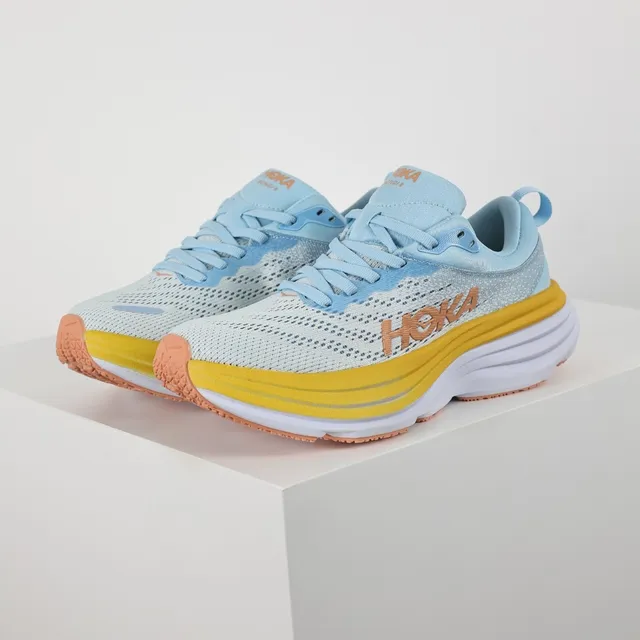 Hoka Blue Yellow Engineered Mesh Upper Stacked Midsole Running Shoes