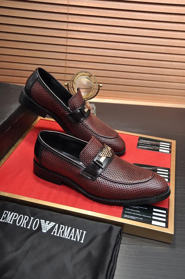 Giorgio Armani Burgundy Black Perforated Leather Metal Eagle Buckle Loafer