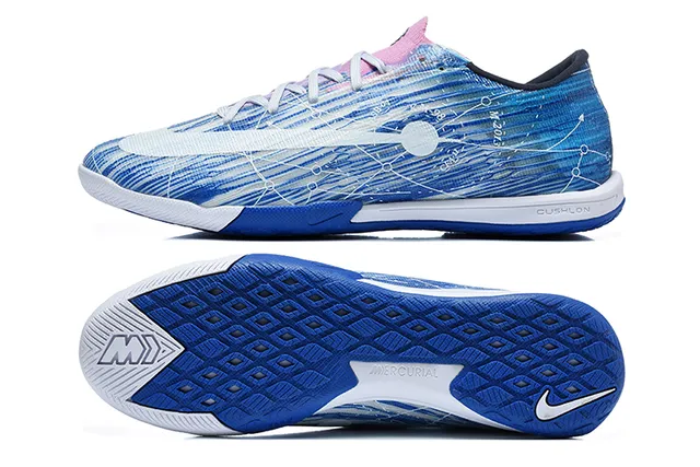 Nike Mercurial Blue White Low-Cut Synthetic Upper Graphic Wave-and-Circuit Print Indoor Soccer Shoes