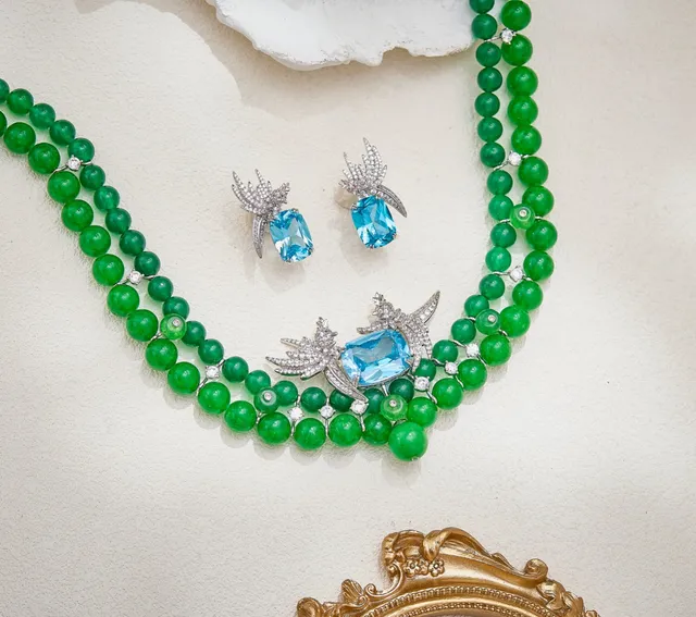 Bird-Wing Motif Pavé-Set Cushion-Cut Blue Gemstone Earrings