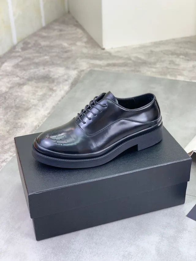 Prada Black Glossy Leather Perforated Toe Brogue