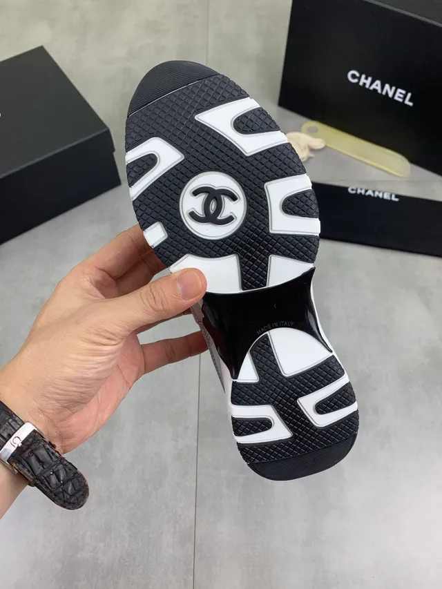 Chanel Silver Black Metallic Leather Striped Lacing Lifestyle Sneakers