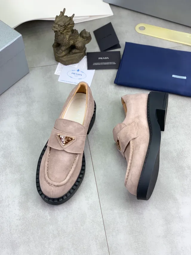 Prada Beige Black Suede Upper Padded Strap Loafer