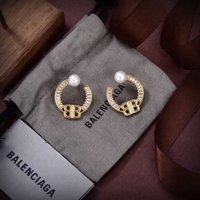 Balenciaga BB Pearl Hoop Gold Silver C-Shaped Double-B Monogram Earrings