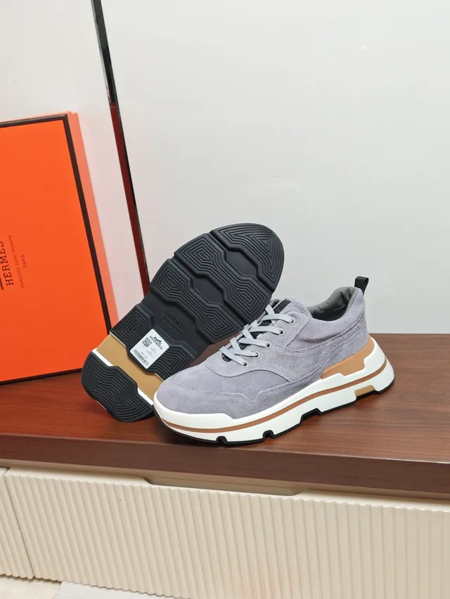 Hermès Gray Beige Suede Upper Layered Multi-Color Sole Sneakers