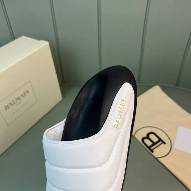 Balmain B-Court White Black Quilted Strap Molded Sole Slippers